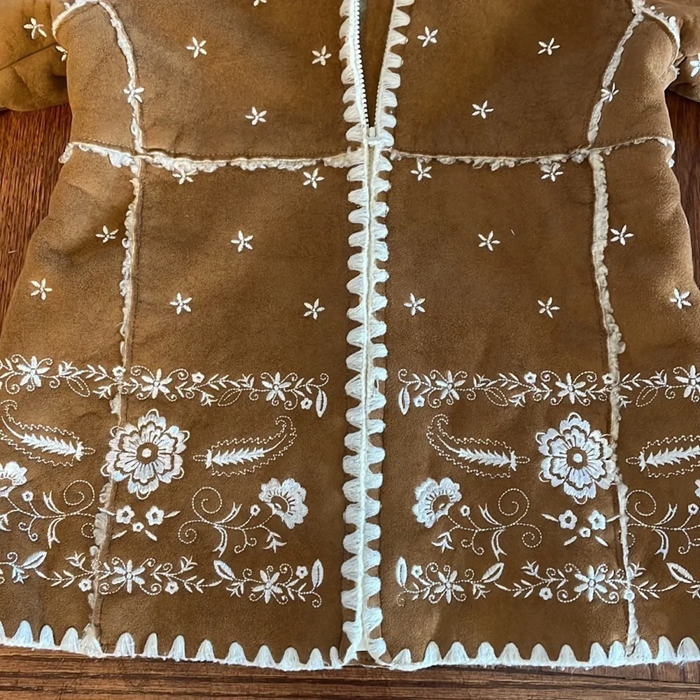 BABY GAP girls faux suede sherpa embroidery hooded coat boho camel brown 12-18M